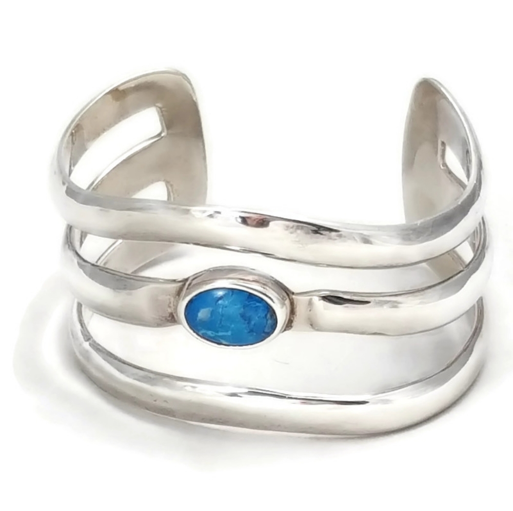Ballesteros Taxco Sterling Silver and Chrysocolla Multi-band Statement Bracelet